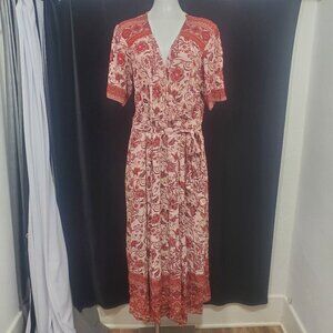 Knox Rose Pink & Red Poppy Floral Faux Wrap Maxi Dress Belted SZ L 1/2 Sleeve